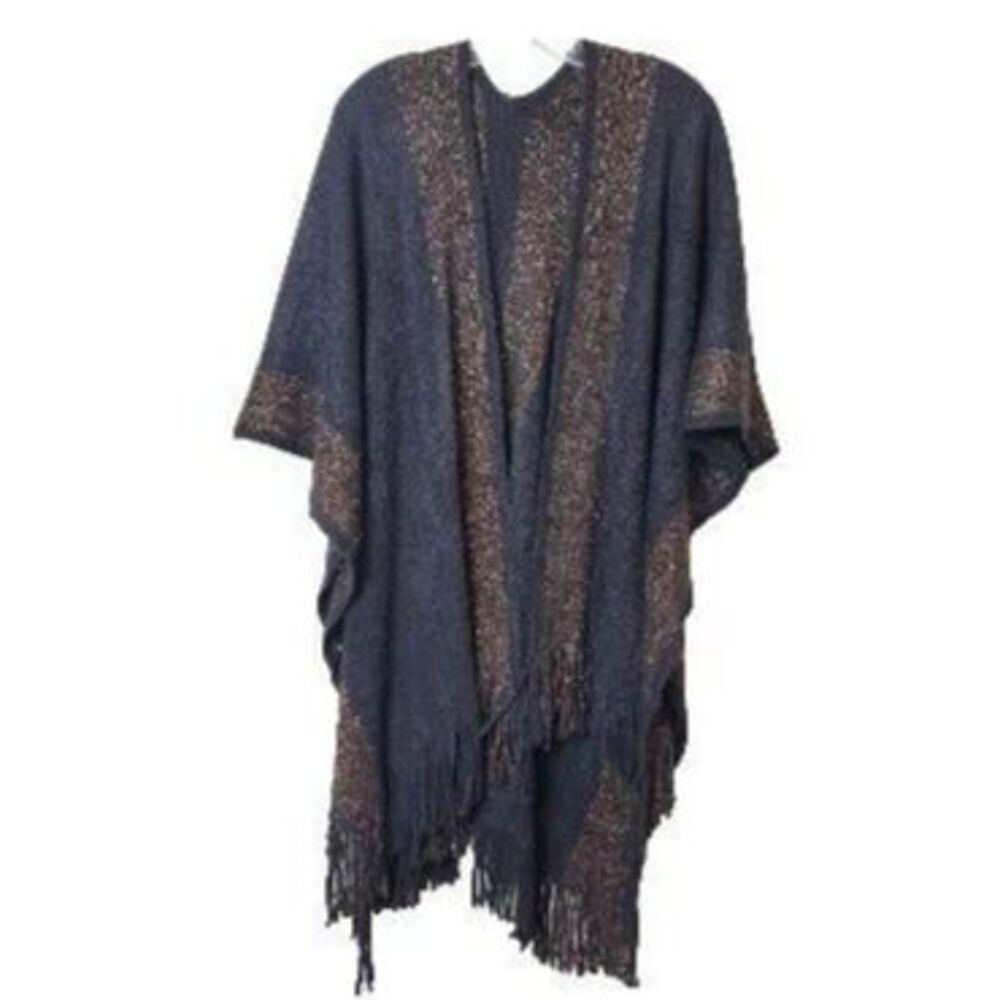 Kollie More 100% Acrylic Black & Gold Poncho Wrap w/ Fringe Womens One-Size New!